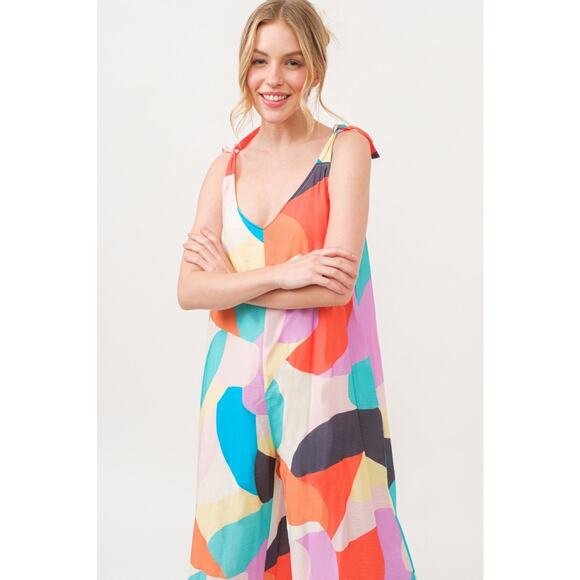 And The Why Tied Shoulder Straps Geo Print Pockets Wide Leg Jumpsuit | Yellow - Picture 8 of 11